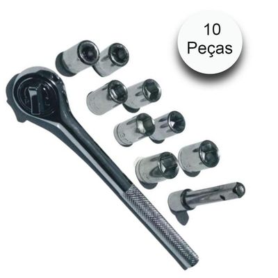 Kit Chave Catraca Soquetes Sextavado com Catraca 10 peças