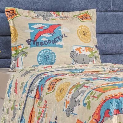 Kit Colcha Dinossauro Solteiro Tecido Microfibra Dupla Face Quarto Infantil - Amarelo