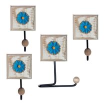 Kit Para Banheiro Com 3 Toalheiros E 1 Porta Papel Higiênico Rustico Flor Branca Cor Azul