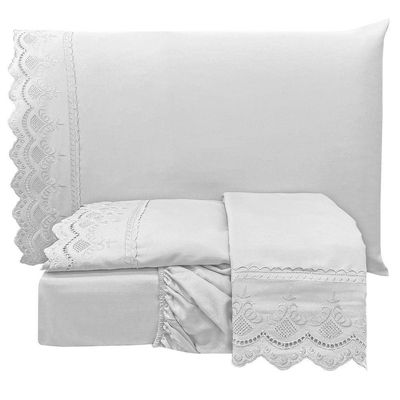 Jogo Cama King Angely Bordado Inglês 4 Pçs Branco