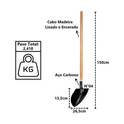 Pá De Bico Construção Em Aço Carbono Com Cabo Reto N04 150cm
