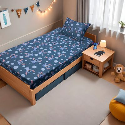 Jogo de Cama Portallar Solteiro Malha Mista Estampado Disney Stitch Pedras 2 Pçs Azul
