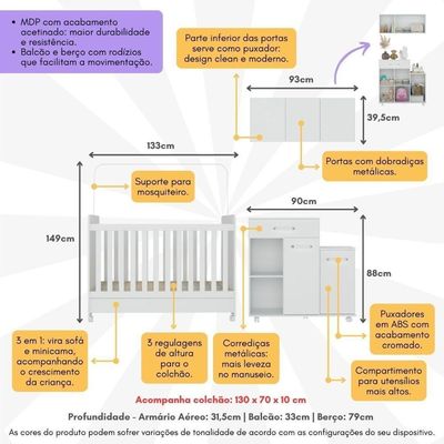 Berço Americano 3 Em 1 Com Colchão Incluso Multimóveis Mp4213 Branco Branco
