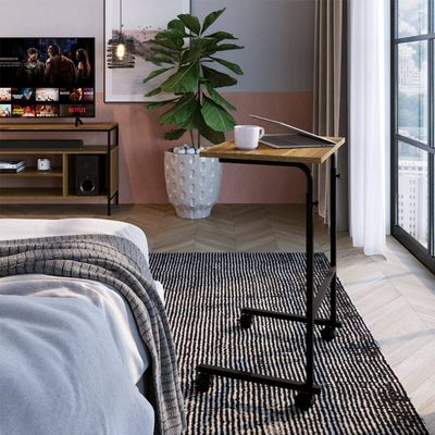 Mesa De Apoio Lateral Sofa Ajustável Preto e Noce Oro Industrial Mesinha Auxiliar Placa e Ponto