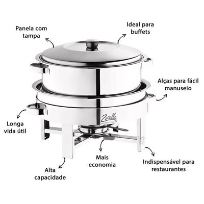 Rechaud Redondo Banho Maria 10L Aço Inox Restaurante Hotel Buffet Eventos Zanella