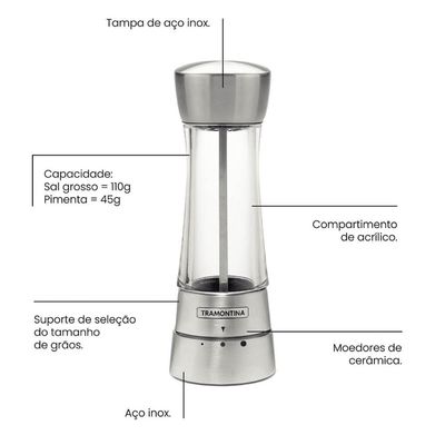 Kit 2 Moedores de Sal ou Pimenta Tramontina com Regulagem do Grão Aço Inox Realce