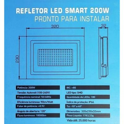 Refletor Led Smart Eco 200w 6500k Branco 6500k