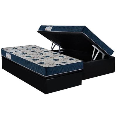 Cama Box Baú Solteiro: Colchão Anatômico Ortobom D28 ISO 60 + Base CRC Suede Black (88x188)