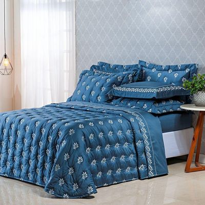 Kit Cobre Leito Colcha Super King 100% Algodão 400 Fios Acetinado Bordado 5 Peças Azul Marinho