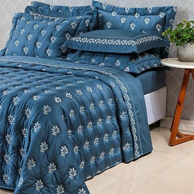 Kit Cobre Leito Colcha Super King 100% Algodão 400 Fios Acetinado Bordado 5 Peças Azul Marinho