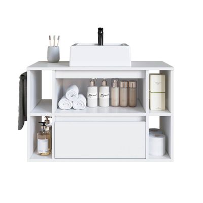 Gabinete de Banheiro Suspenso 80cm com Cuba Branco 4 Nichos 1 Toalheiro 2 Gavetas