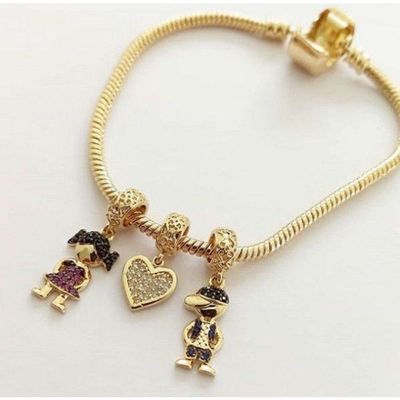 Pulseira Para Berloques Pingente Casal Em Banho De Ouro
