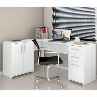 Escrivaninha Office De Canto 3 Gavetas 2 Portas Branco
