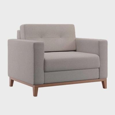 Poltrona Living Tecido Linho Base Madeira Para Sala