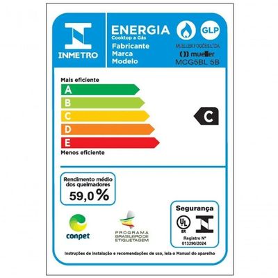 Fogão Cooktop 5 Bocas Ultra Chama MCG5BL Grade Dupla Mesa De Alumínio Mueller Bivolt