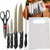 Jogo De Facas Faqueiro 7 Peças Aço Inox Churrasco Cozinha Com Tábua