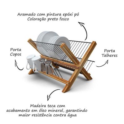 Escorredor De Madeira Teca Dobrável Com Bandeja - Stolf