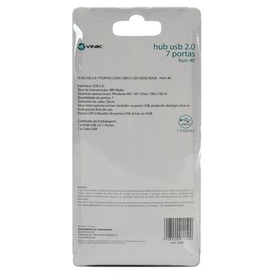 Hub USB 2.0 7 Portas com Cabo e LED Indicador - HUV-40