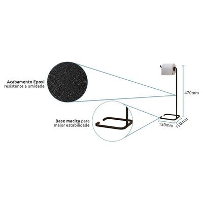 Kit Porta Toalha De Rosto Lixeira 6l E Porta Papel Higiênico Eleganza Metal Preto