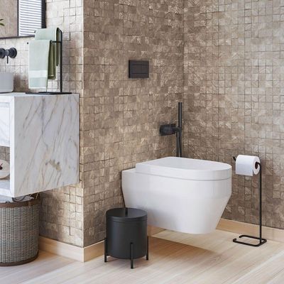 Kit Porta Toalha De Rosto Lixeira 6l E Porta Papel Higiênico Eleganza Metal Preto