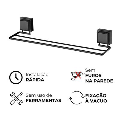 Toalheiro Duplo Preto Fosco Fixação Por Ventosa 45cm Future