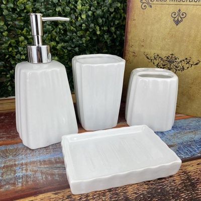 Kit 4pçs Banheiro Lavabo Luxo Modelagem 3d Cerâmica Branco