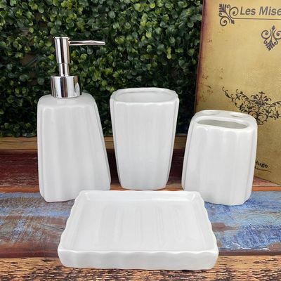 Kit 4pçs Banheiro Lavabo Luxo Modelagem 3d Cerâmica Branco