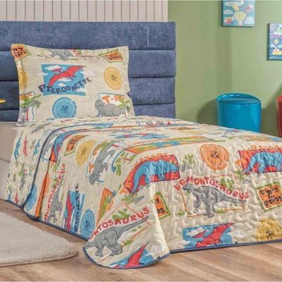Enxoval Kit Colcha + Jogo De Cama Lençol Bouti Solteiro Infantil Kids 4 Peças Dino