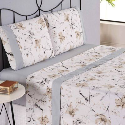 Jogo Cama Lençol Encanto Casal Padrão Percal 180 Fios C/ Ponto Palito 4 Peças - Floral - Cinza