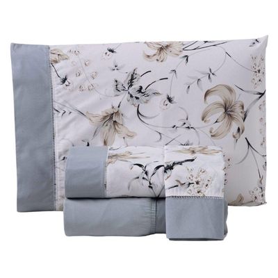 Jogo Cama Lençol Encanto Casal Padrão Percal 180 Fios C/ Ponto Palito 4 Peças - Floral - Cinza
