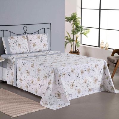 Jogo Cama Lençol Encanto Casal Padrão Percal 180 Fios C/ Ponto Palito 4 Peças - Floral - Cinza