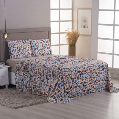 Jogo Cama Lençol Sonnet King Malha Estampada 100% Algodão 4 Peças - Borboletas - Bege
