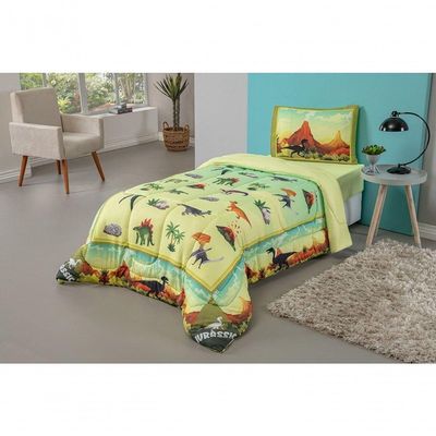 Kit Edredom + Lençol Plush Fofinho Infantil Dupla Face Dream 3 Peças Solteiro - Dinossauro.