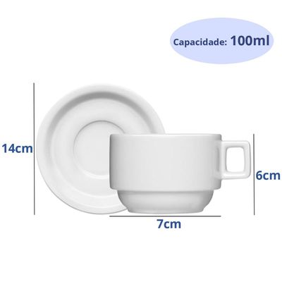 Jogo 6 Xícaras de Chá com Pires 100ml Bar Hotel Germer em Porcelana Branca