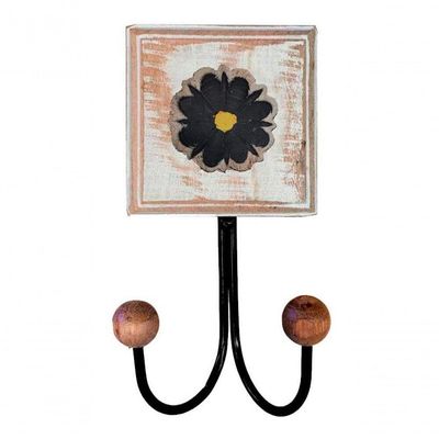 Kit Banheiro 2 Peças 1 Toalheiro Duplo + 1 Porta Papel Higiênico Artesanal Flor Madeira Cor Preto