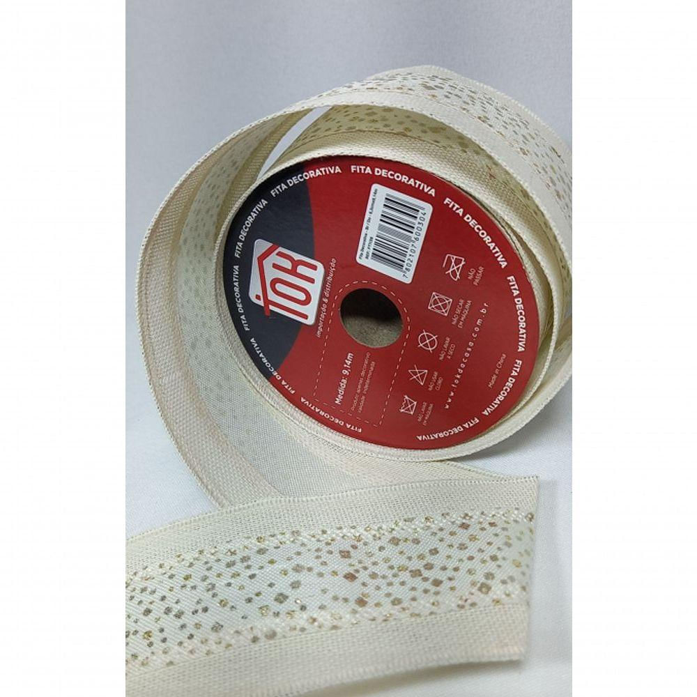 Fita Decorativa Bege Com Faixa Branca De Detalhes Dourado Ft1136