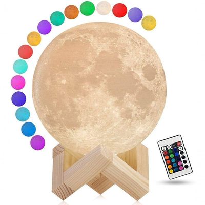 Lua 3D Impressão Moon Light Led 16 Cores Night Lamp Com Suporte De Madeira Tocar Lua C/Controle