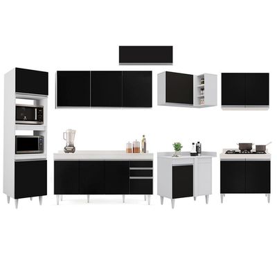 Armário De Cozinha Modulada De Canto 8 Peças Cp08 Balcão Com Tampo Branco-preto - Lumil
