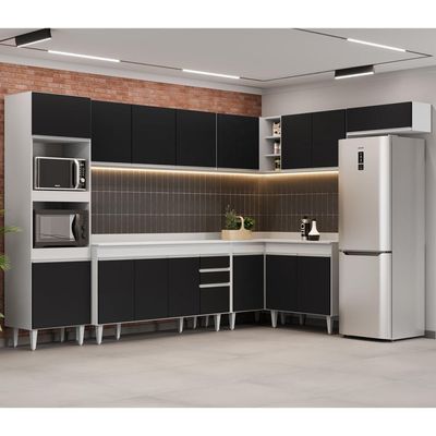 Armário De Cozinha Modulada De Canto 8 Peças Cp08 Balcão Com Tampo Branco-preto - Lumil