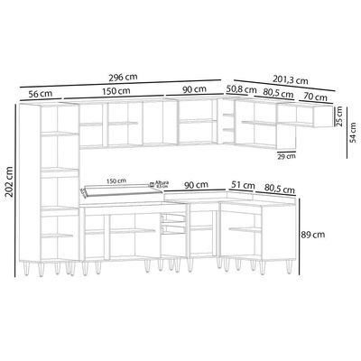 Armário De Cozinha Modulada De Canto 8 Peças Cp08 Balcão Com Tampo Branco-preto - Lumil