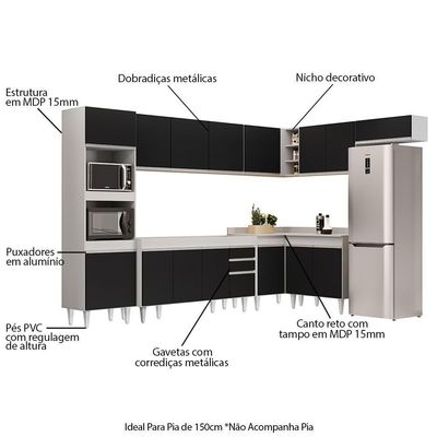 Armário De Cozinha Modulada De Canto 8 Peças Cp07 Balcão Branco/preto - Lumil