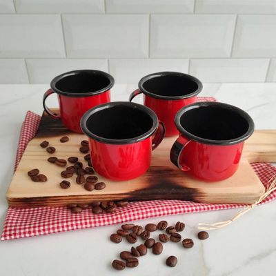 Jogo 4 Canecas Esmaltadas Retrô 90ml Xícaras Ágata Para Café Chá Vermelho