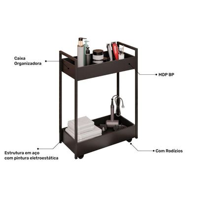 Carrinho Auxiliar Para Salão De Beleza Lara 70cm Em Aço Com Rodízios Preto - Desk Design