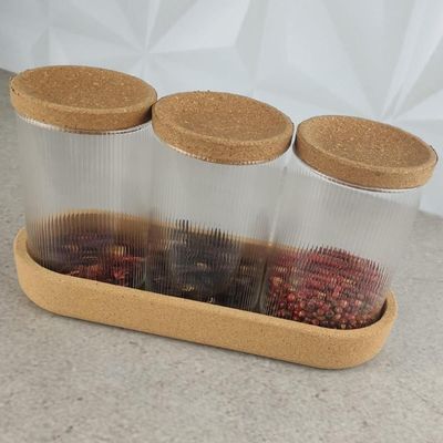 Suporte 3 Potes de Vidro Lyor 500ml Tampa Rolha Porta Mantim