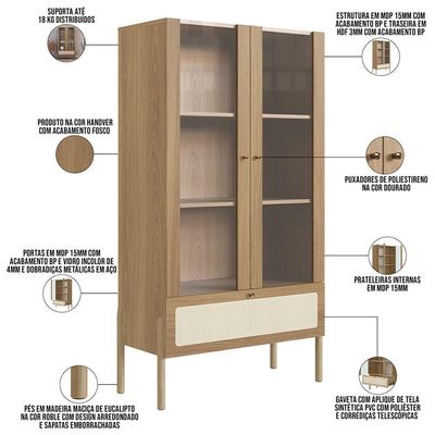 Cristaleira Para Sala De Jantar 2 Portas Pés Madeira Moss A03 Hanover Roble
