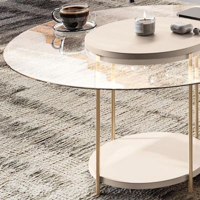 Mesa De Centro Para Sala Redonda Tampo Vidro Pés Aço Allure B01 Off White - Lyam Decor