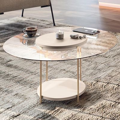 Mesa De Centro Para Sala Redonda Tampo Vidro Pés Aço Allure B01 Off White - Lyam Decor
