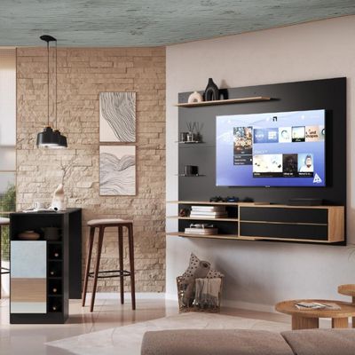 Painel Para Tv Até 65 Polegadas Com Bancada 1 Porta E Espelho Multimóveis Mp1093 Preto/madeirado