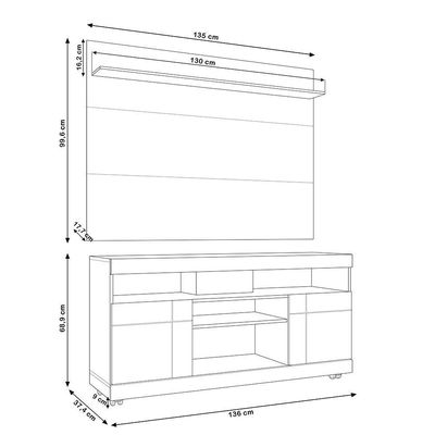 Rack Para Sala Com Painel Para Tv 55 Pol Raya C04 Nogueira Real Off White - Lyam Decor