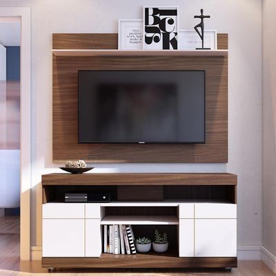 Rack Para Sala Com Painel Para Tv 55 Pol Raya C04 Nogueira Real Off White - Lyam Decor